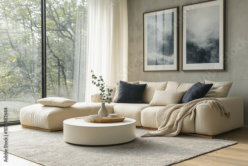 Cozy minimalist living room with beige fabric sofa two framed paintings, white coffee table photo