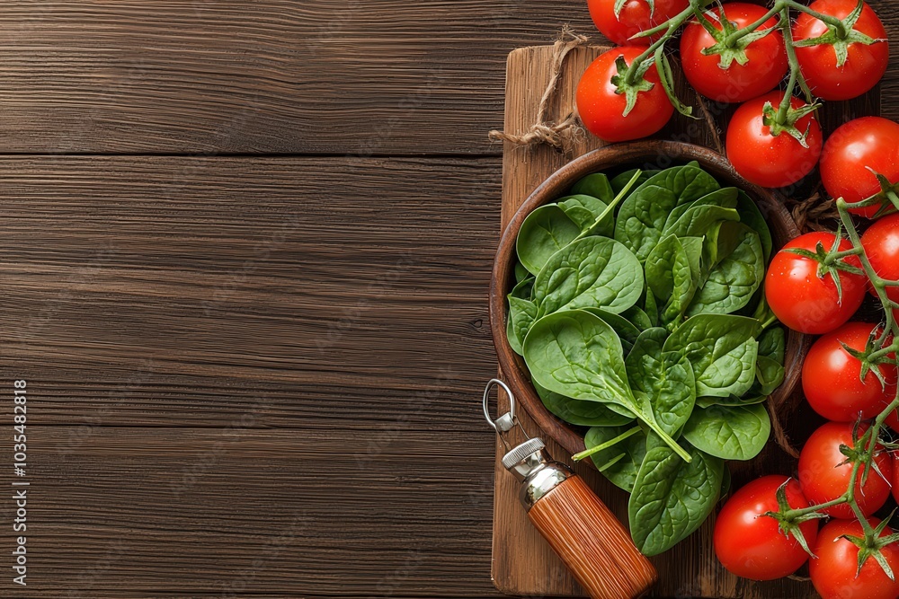 Fresh Ingredients A Vibrant Display of Spinach and Juicy Tomatoes on a Rustic Wooden Table for Healthy Cooking Inspiration Fresh Ingredients A Vibrant Display of Spinach and Juicy Tomatoes on a Rustic Wooden Table for Healthy Cooking Inspiration