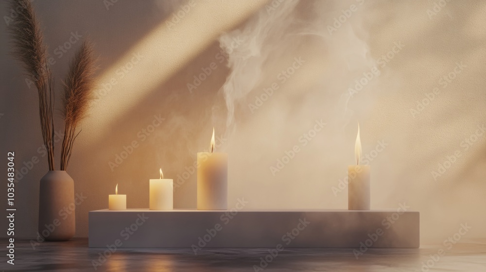 An empty scene featuring blank mockup template (with candles encircling the space and gentle wisps of incense smoke trailing upward), An empty scene featuring blank mockup template (with candles encircling the space and gentle wisps of incense smoke trailing upward),