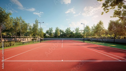 New private tennis court stadium with red ground without people during the summer