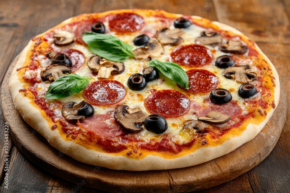 Freshly Baked Pepperoni Pizza on Rustic Wooden Board Freshly Baked Pepperoni Pizza on Rustic Wooden Board
