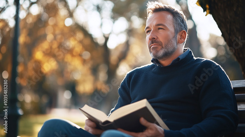 Contemplative man reading outdoors on a sunny autumn day