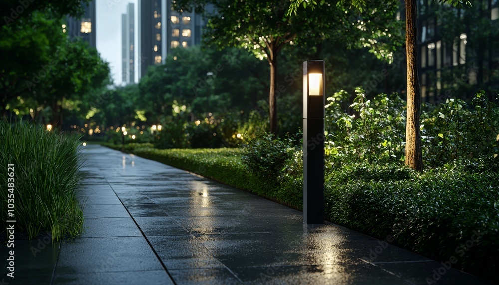 Naklejka premium A serene, rain-soaked walkway lined with lush greenery and illuminated lampposts, creating a tranquil evening atmosphere in an urban landscape.