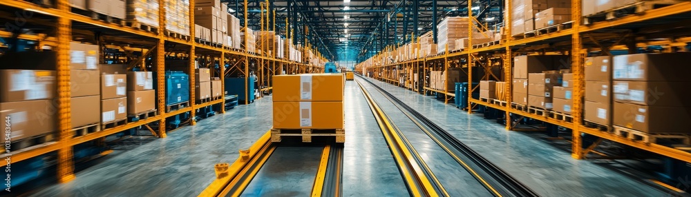 A spacious warehouse filled with stacked boxes on shelves, featuring a central aisle for efficient movement of goods. A spacious warehouse filled with stacked boxes on shelves, featuring a central aisle for efficient movement of goods.