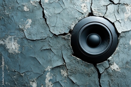 Black Speaker Embedded in Cracked Wall