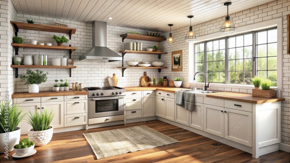 A well-lit, modern kitchen with white cabinets, wooden countertops, and a farmhouse sink, featuring a large window overlooking a lush green garden. A well-lit, modern kitchen with white cabinets, wooden countertops, and a farmhouse sink, featuring a large window overlooking a lush green garden.