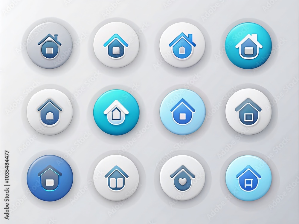 Neumorphic UI Elements: Round Gray and Blue Home Buttons for Mobile Devices Neumorphic UI Elements: Round Gray and Blue Home Buttons for Mobile Devices