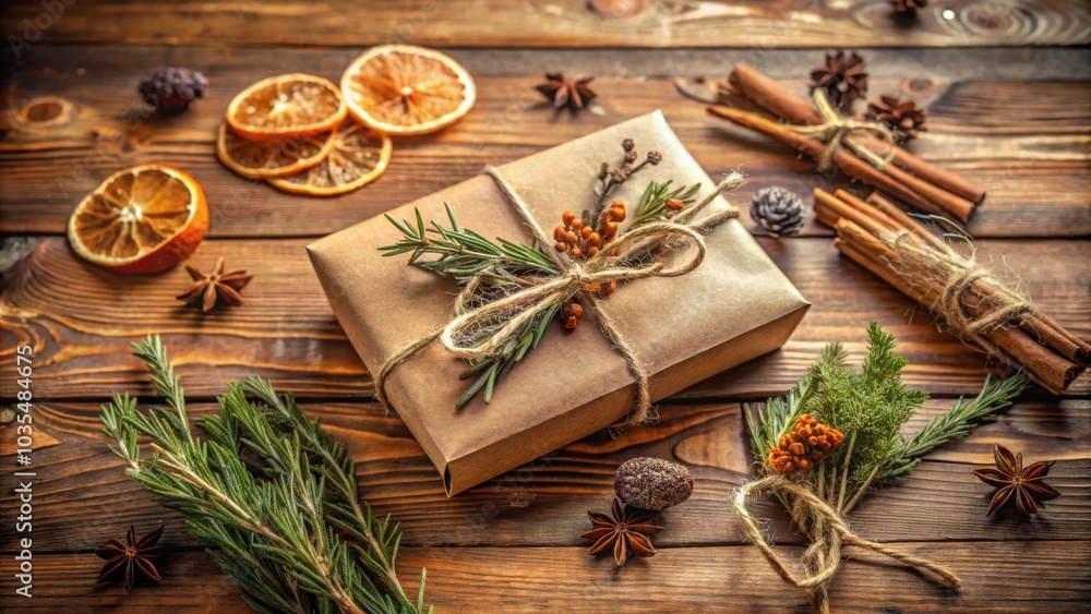 A rustic gift wrapped in brown paper and tied with twine, adorned with sprigs of rosemary and cinnamon sticks, surrounded by dried orange slices and star anise on a wooden background. A rustic gift wrapped in brown paper and tied with twine, adorned with sprigs of rosemary and cinnamon sticks, surrounded by dried orange slices and star anise on a wooden background.
