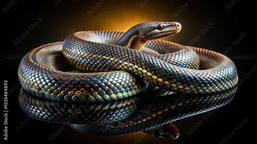 Obraz premium A Serpentine Enigma A Close-Up of a Snake's Scaly Skin Reflecting a Glowing Light in the Darkness