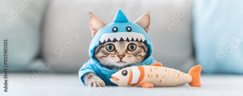 Cat in a tiny shark costume, pretending to attack a stuffed fish, humorous and cute, vibrant blue and grey colors, soft lighting