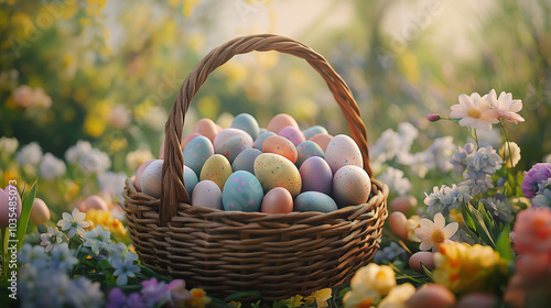 Wicker basket filled with pastel-colored Easter eggs, placed in a blooming spring garden, creating a cheerful and vibrant holiday atmosphere, ideal for Easter-themed designs and nature settings.