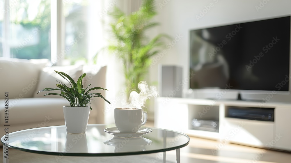 Cup of coffee on a glass table in a bright living room. Cup of coffee on a glass table in a bright living room.
