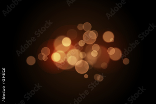 Golden bokeh light effect on dark background, glowing abstract circles for festive design and holiday decoration. PNG illustration