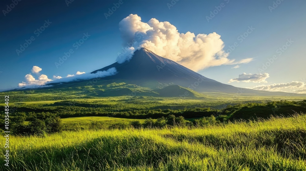 Obraz premium Majestic Volcano Surrounded by Lush Green Fields