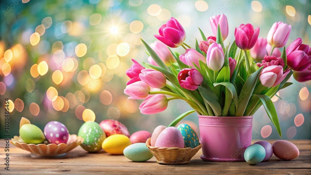 A vibrant bouquet of pink tulips in a pink pot, surrounded by colorful Easter eggs on a rustic wooden table with a bokeh background. A vibrant bouquet of pink tulips in a pink pot, surrounded by colorful Easter eggs on a rustic wooden table with a bokeh background.