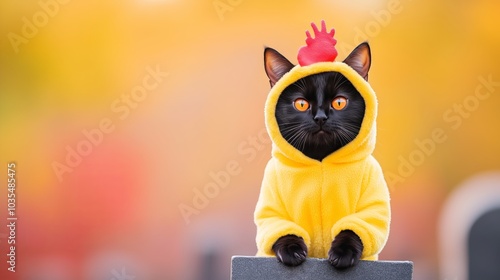 Black cat in a chicken costume, sitting awkwardly on a spooky graveyard, funny and absurd, bright yellow and red tones, Halloween night photo