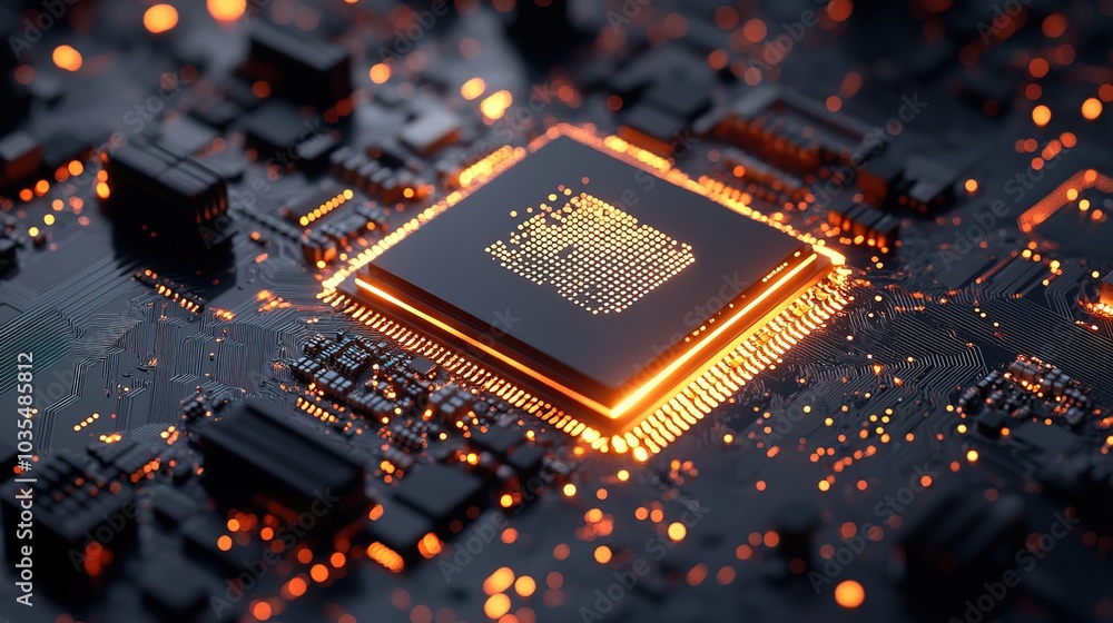 Glowing computer chip on a hightech motherboard Glowing computer chip on a hightech motherboard