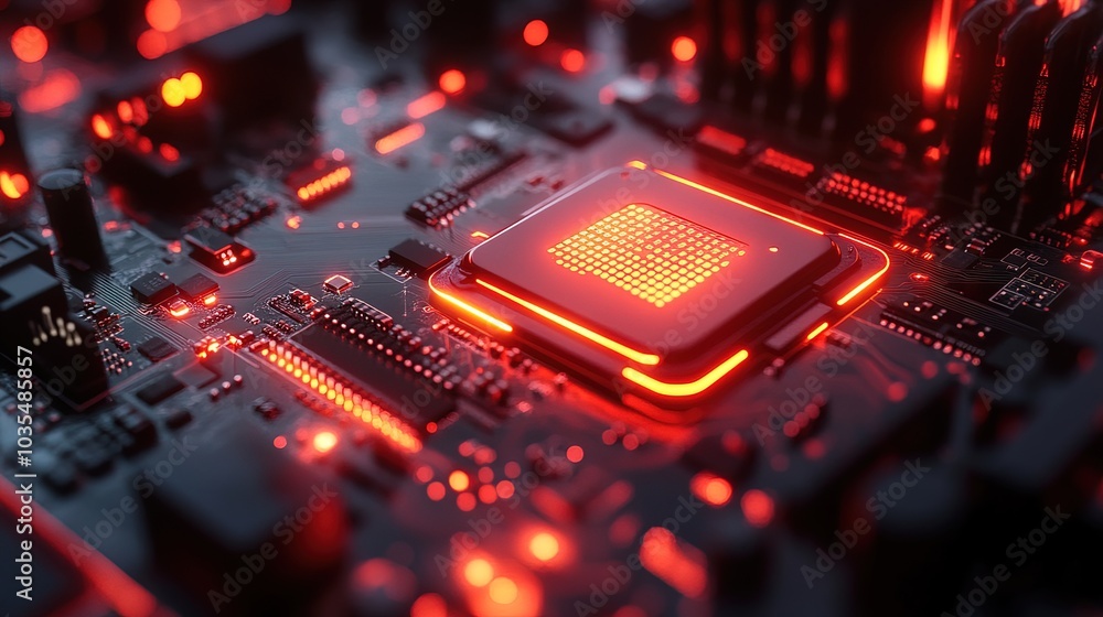 Glowing computer chip on a hightech motherboard Glowing computer chip on a hightech motherboard