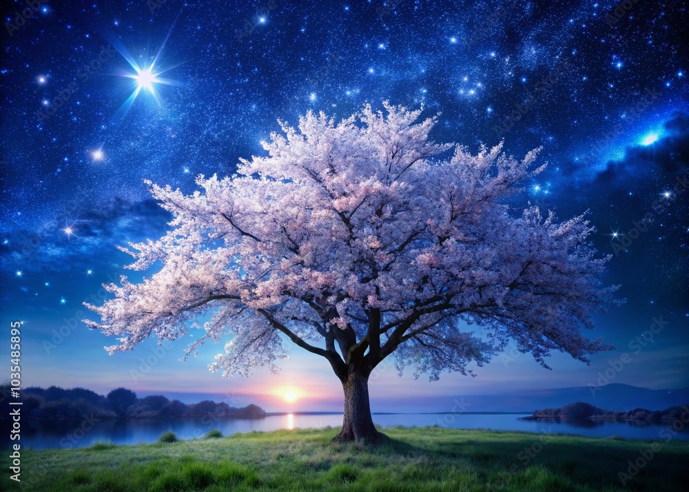 Night Photography of a Blossoming Cherry Tree in Full Bloom Under the Stars Night Photography of a Blossoming Cherry Tree in Full Bloom Under the Stars