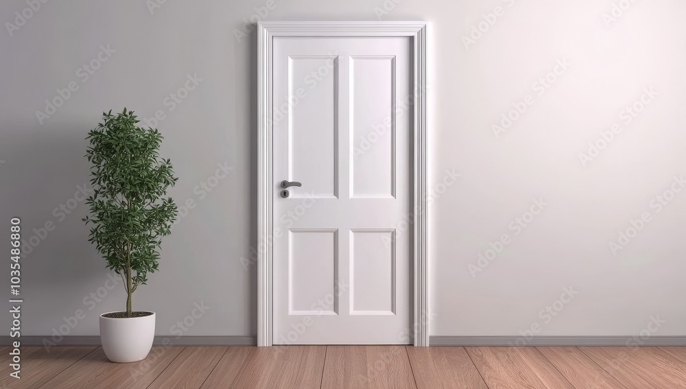 Fototapeta premium Empty room with wooden floor, white door, mock-up frame, and plant pot