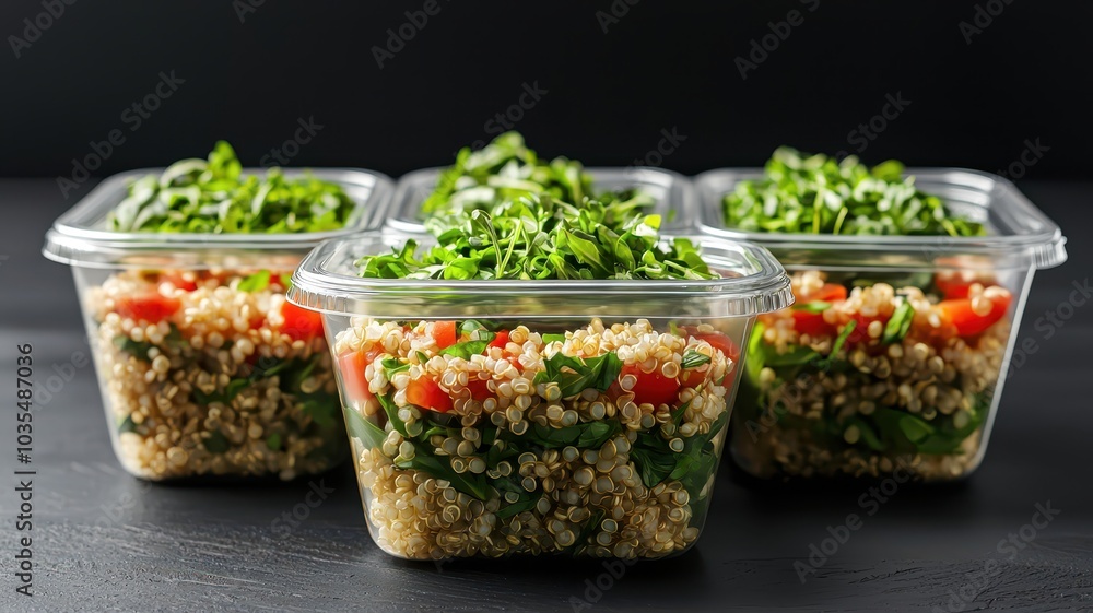 Fresh quinoa salad with vegetables in transparent containers, healthy food option, dark background. Fresh quinoa salad with vegetables in transparent containers, healthy food option, dark background.