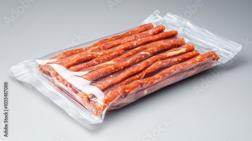 Packaged meat sticks neatly arranged in a clear plastic bag, ready for snacking. photo