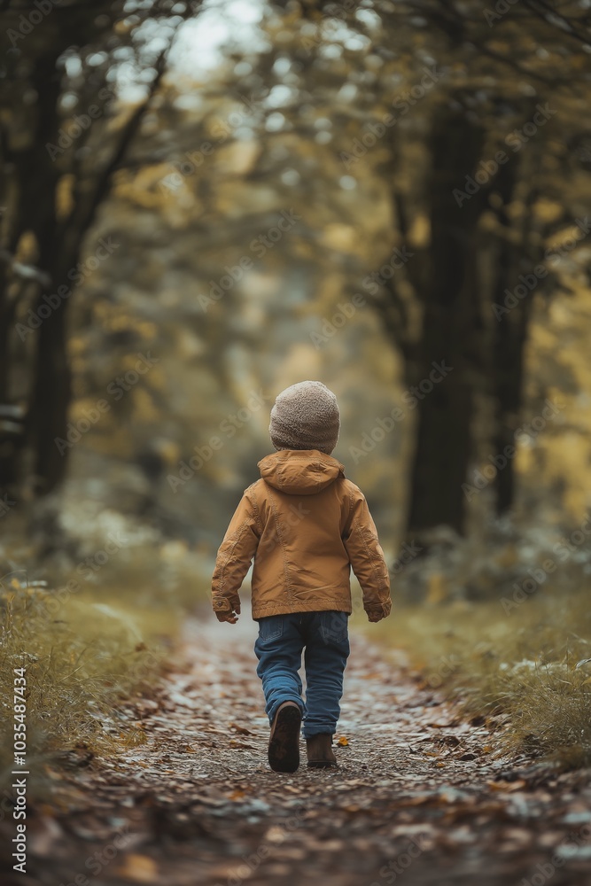 A child wanders along a leaf-strewn forest path donning autumnal clothing, embraced by nature's peaceful surroundings. A child wanders along a leaf-strewn forest path donning autumnal clothing, embraced by nature's peaceful surroundings.