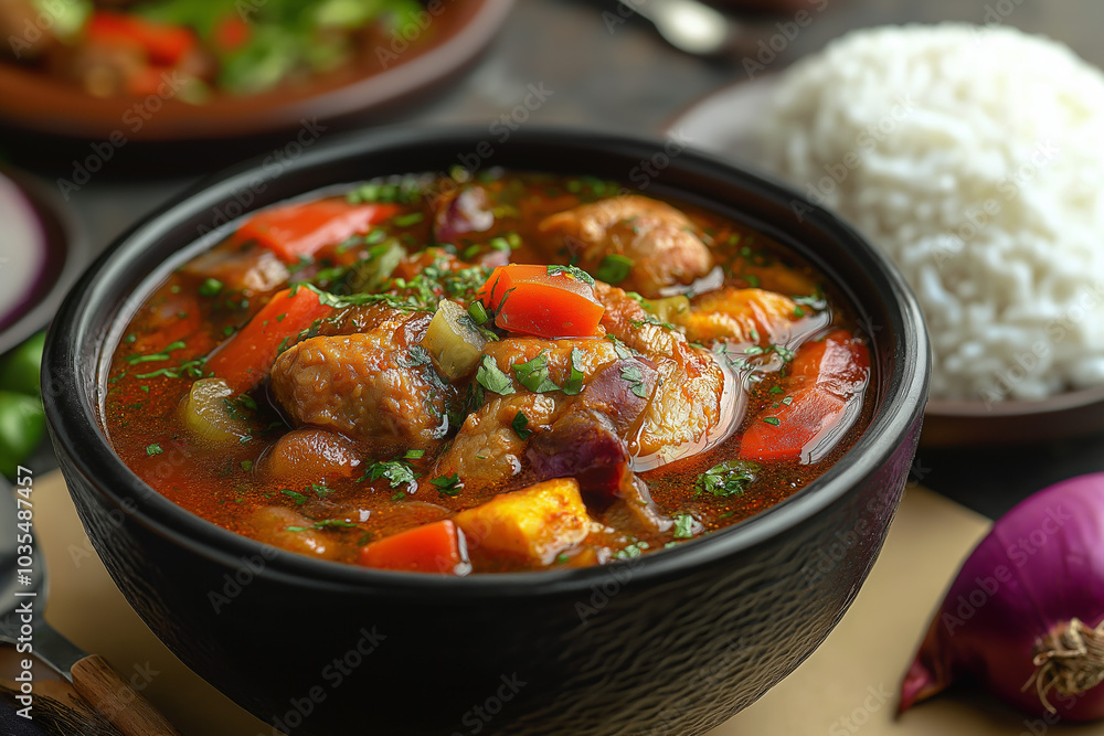 Pepper Soup with Vegetables and Rice, a spicy West African broth filled with hearty vegetables and tender meat Pepper Soup with Vegetables and Rice, a spicy West African broth filled with hearty vegetables and tender meat