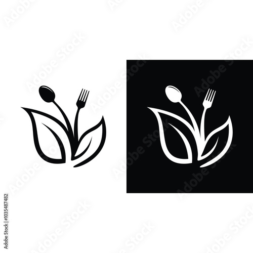 Healthy food logo design template. Organic food logo design vector. Fork, spoon,  and leaves graphic symbol icon