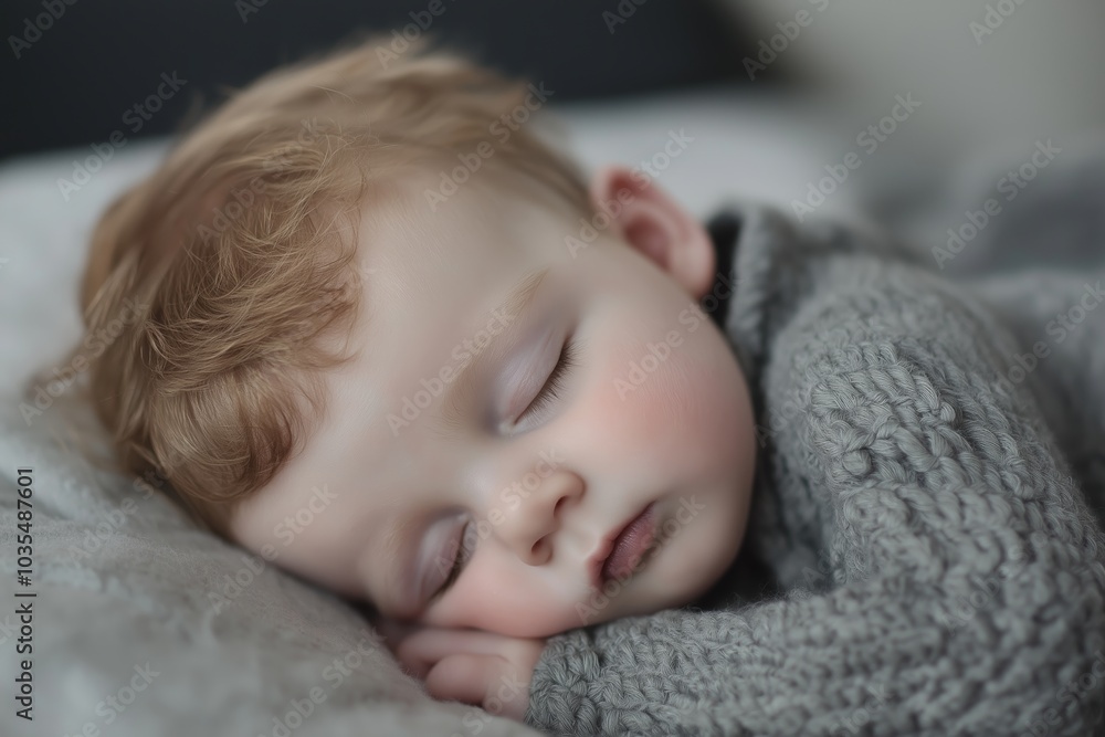 Adorable baby sleeping soundly, wrapped snugly in a soft gray knit blanket, creating a peaceful and cozy scene. Adorable baby sleeping soundly, wrapped snugly in a soft gray knit blanket, creating a peaceful and cozy scene.