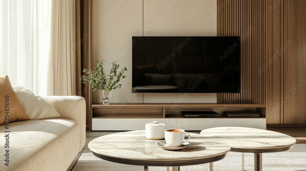 Modern living room interior design with a coffee table and TV. Modern living room interior design with a coffee table and TV.
