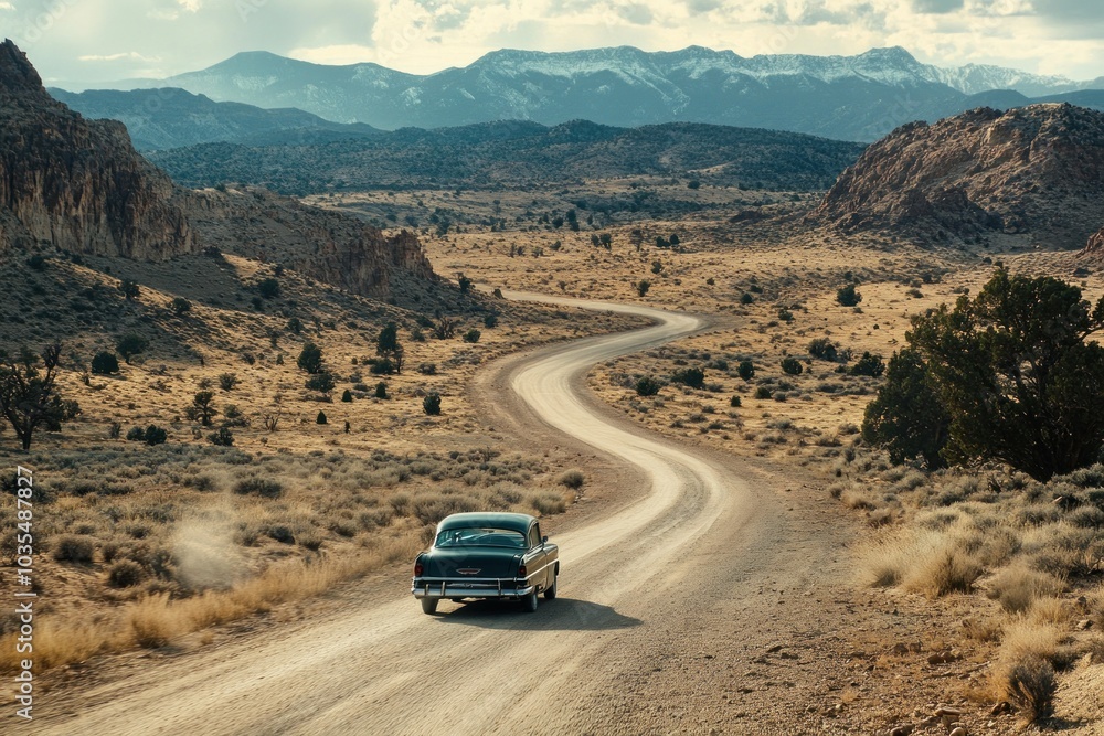Classic Car on Winding Road in Scenic Landscape Classic Car on Winding Road in Scenic Landscape