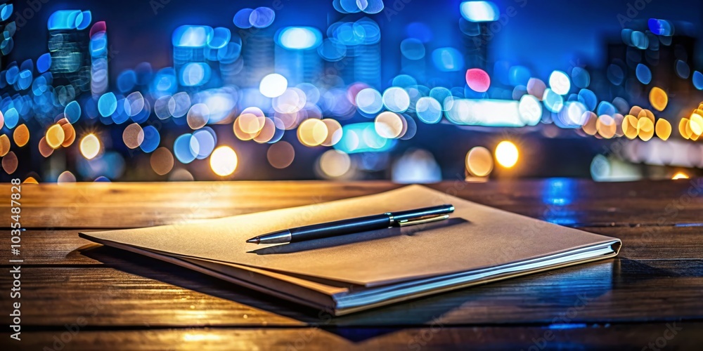 Night Photography of Elegant Folder for Papers and Pen on Desk with Soft Ambient Light, Ideal for Office Night Photography of Elegant Folder for Papers and Pen on Desk with Soft Ambient Light, Ideal for Office
