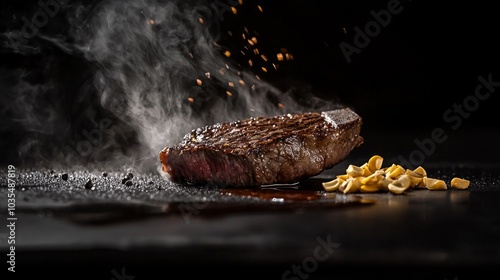 Grilled steak with steam and spices on a dark background, showcasing deliciousness and culinary art.