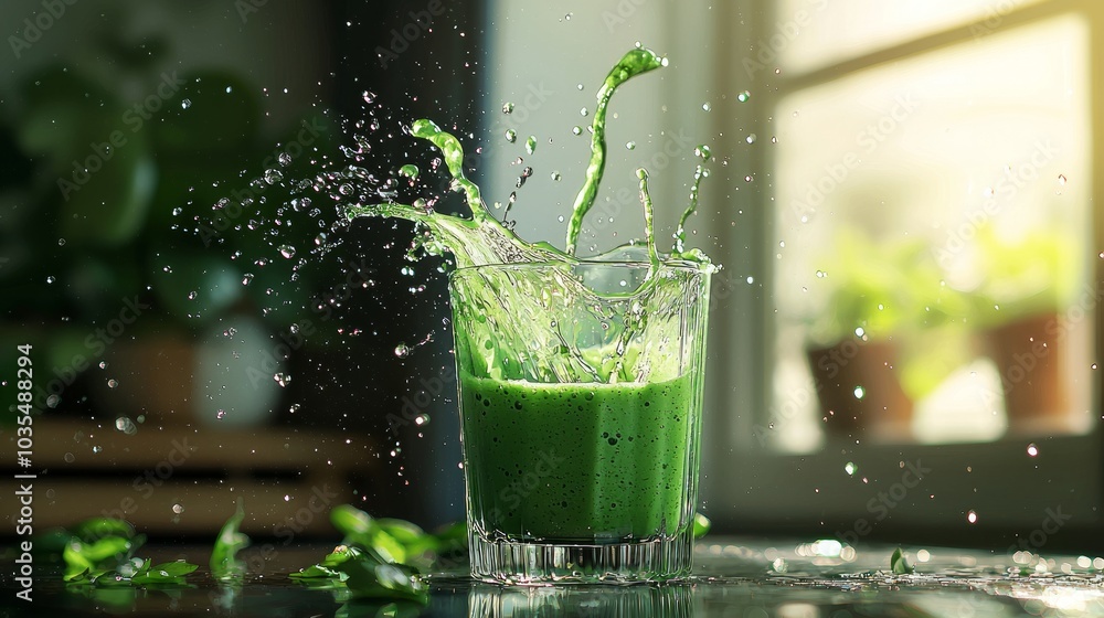 Refreshing green smoothie splashing in a glass on a bright countertop. Refreshing green smoothie splashing in a glass on a bright countertop.