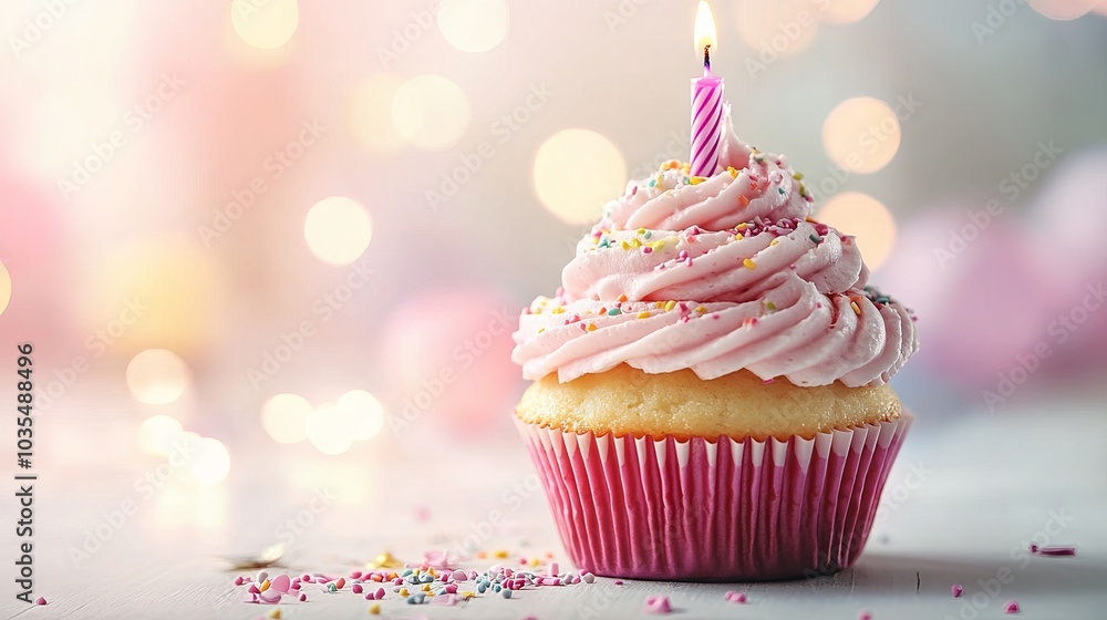 Delicious birthday cupcake on a table with a light background - perfect for celebrations, party invitations, and festive event decorations Delicious birthday cupcake on a table with a light background - perfect for celebrations, party invitations, and festive event decorations