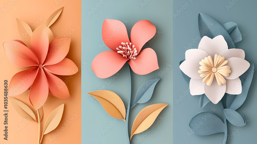 Obraz premium Set Flowers decorative 3d vector papercut