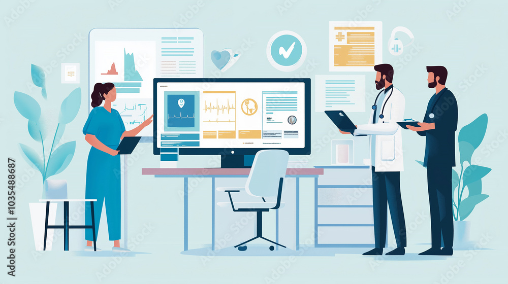Healthcare team analyzing digital health data in modern office Healthcare team analyzing digital health data in modern office