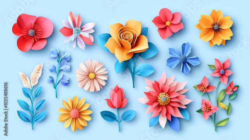 Set Flowers decorative 3d vector papercut