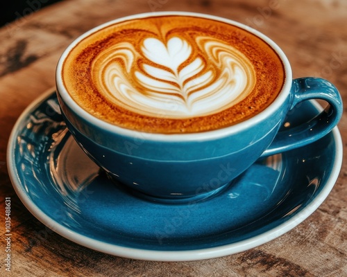 Cappuccino in a blue cup on a saucer on a wooden table - Food and Drink photo