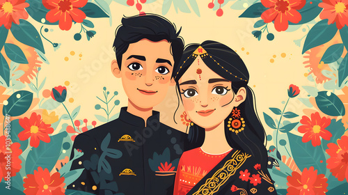 Indian couple hand-drawn comic illustration. Indian couple. Vector doodle style cartoon illustration