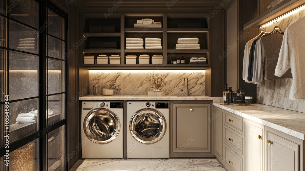Modern Laundry Room Interior Design with White Cabinets and Marble Countertops. Modern Laundry Room Interior Design with White Cabinets and Marble Countertops.