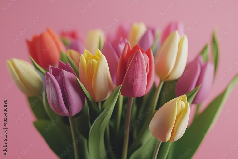 Colorful Tulip Bouquet on Pink Background Colorful Tulip Bouquet on Pink Background
