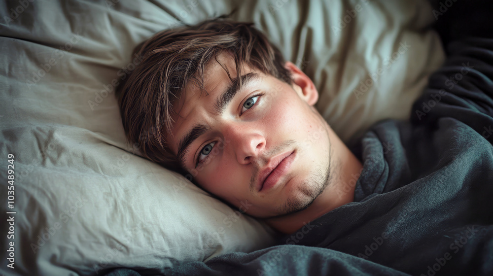 Young man with a cold resting in bed at home, captured in high-resolution, realistic style showcasing his expressive eyes and relaxed demeanor Young man with a cold resting in bed at home, captured in high-resolution, realistic style showcasing his expressive eyes and relaxed demeanor
