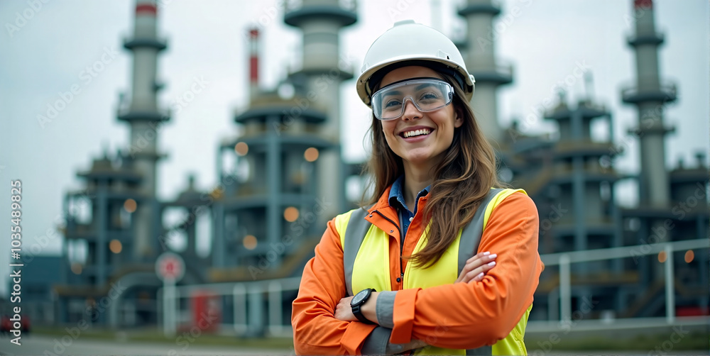 A female employee working with self-confidence in construction, heavy industry or production A female employee working with self-confidence in construction, heavy industry or production