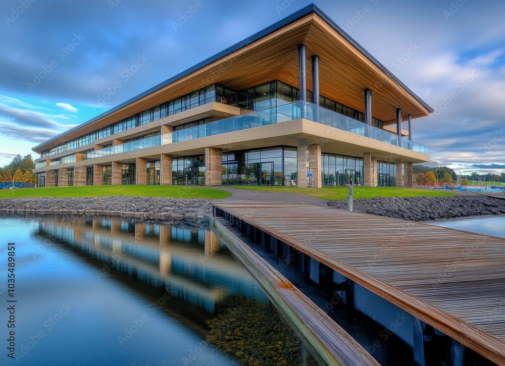 Modern apartment building with glass and wood elements under blue sky Modern apartment building with glass and wood elements under blue sky