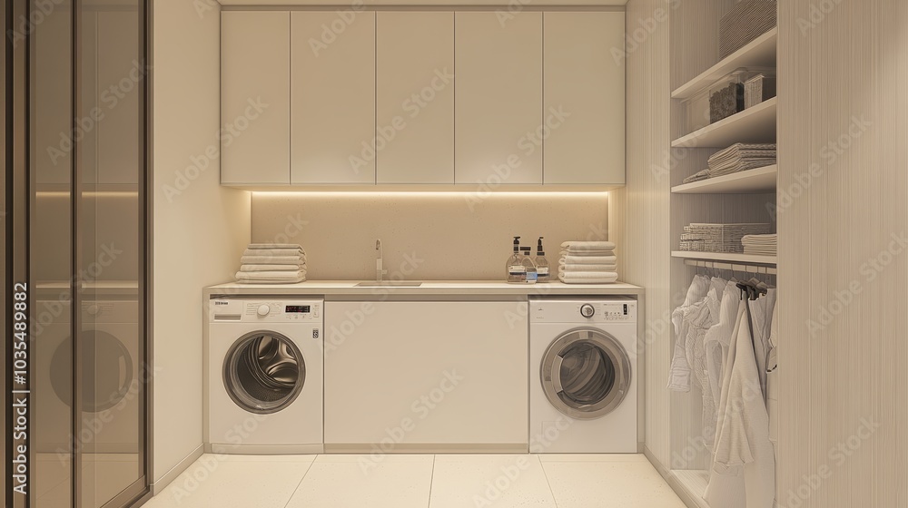 Modern Laundry Room Interior Design with White Cabinets and Washing Machines. Modern Laundry Room Interior Design with White Cabinets and Washing Machines.