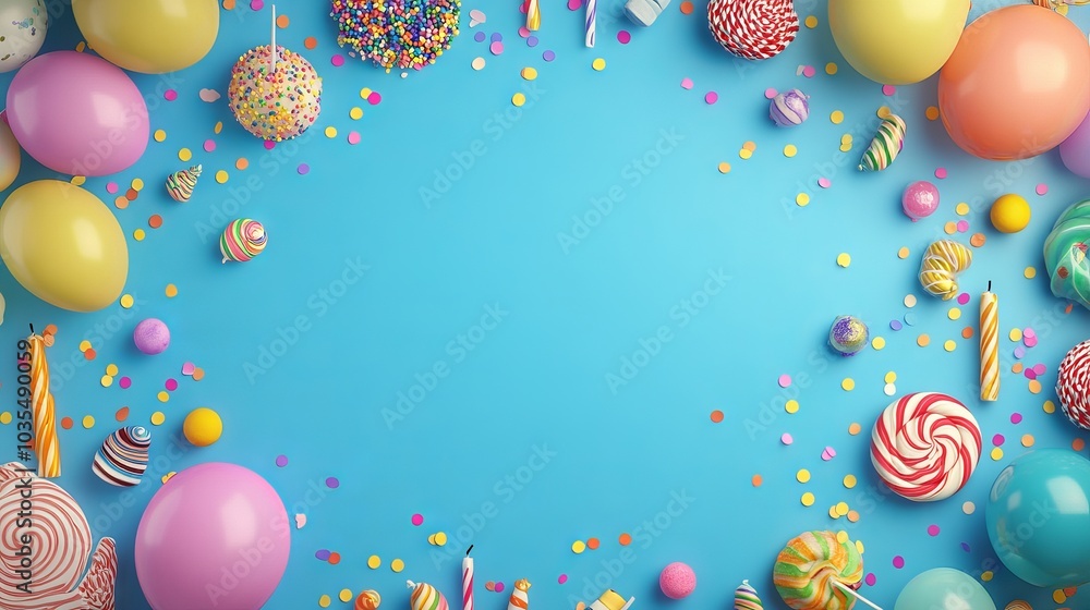 Top view birthday party background with colorful serpentine, balloons, candles, candies, and confetti on blue - perfect for celebrations, party invitations, and event decor