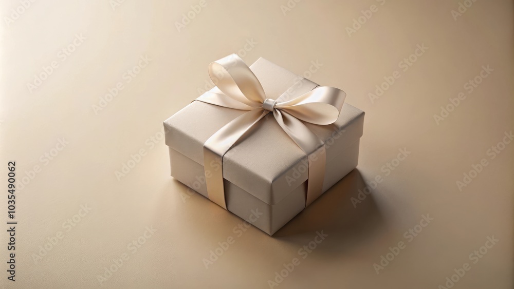 A square gift box with a simple, elegant, satin ribbon bow on top, isolated on a cream background. A square gift box with a simple, elegant, satin ribbon bow on top, isolated on a cream background.