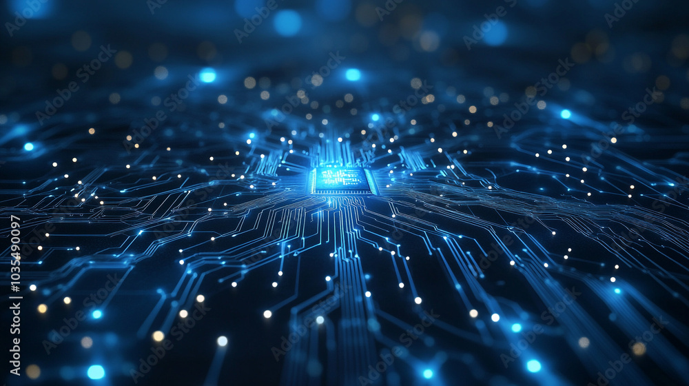 Obraz premium Futuristic Circuit Board Design with Glowing Lines and Microchip